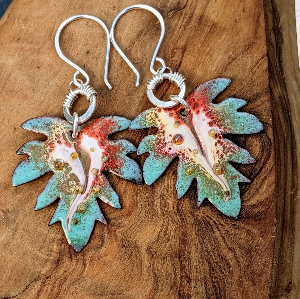 Hand Crafted Sterling Silver Earrings Artisan Leaf Charm Wire Wrap Hoop - Picture 10 of 15